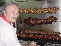 greek food, roast pork, chicken and kokoretsi